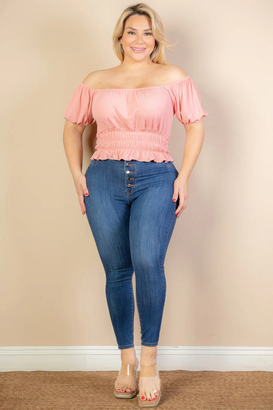 Blush Plus Size Ruched Puff Sleeve Ribbed Knit Top - Soft & Feminine Look - Shopping Therapy, LLC 