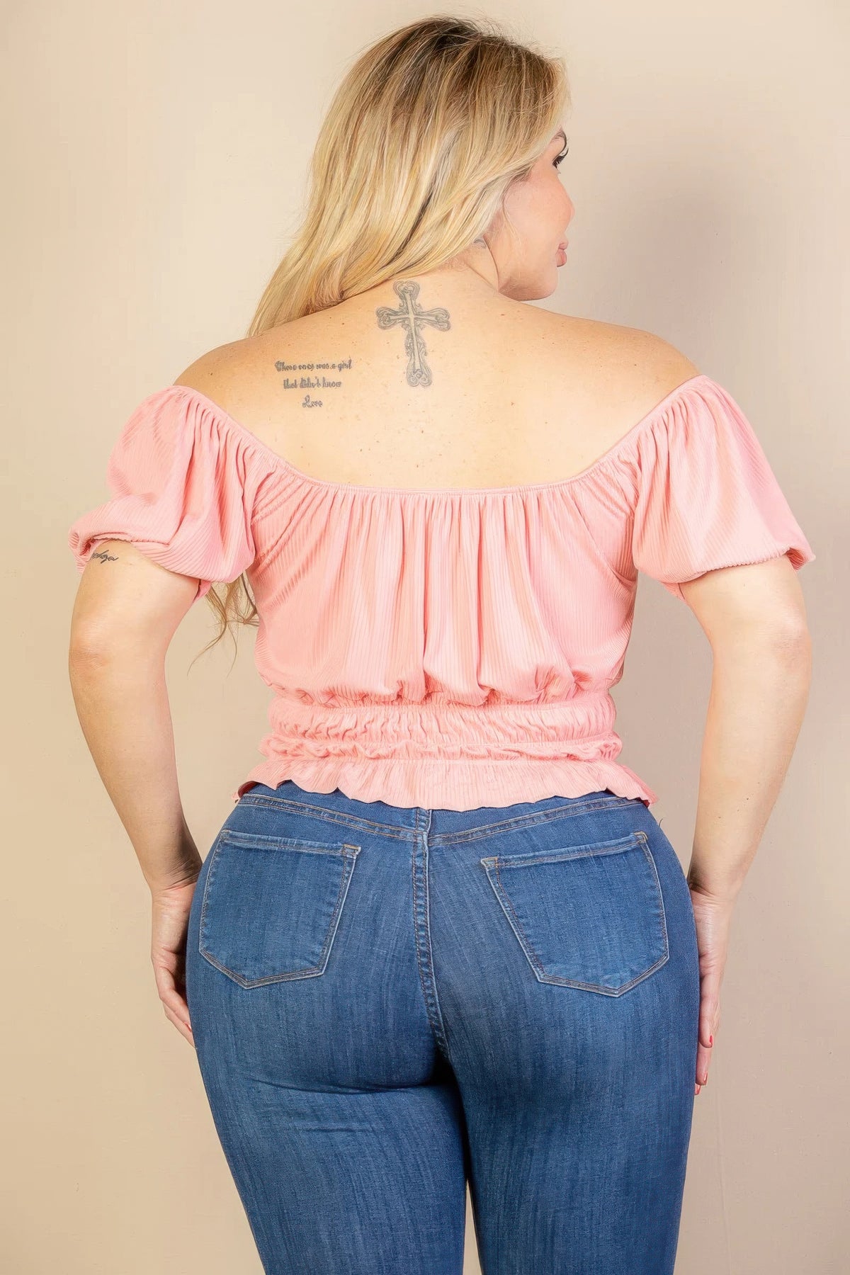 Blush Plus Size Ruched Puff Sleeve Ribbed Knit Top - Soft & Feminine Look