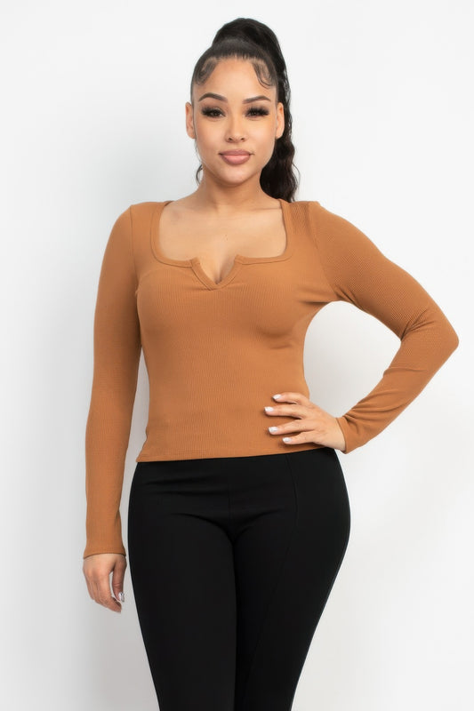 Light Brown V-Neck Long Sleeve Top – Stylish & Comfortable - Shopping Therapy, LLC 