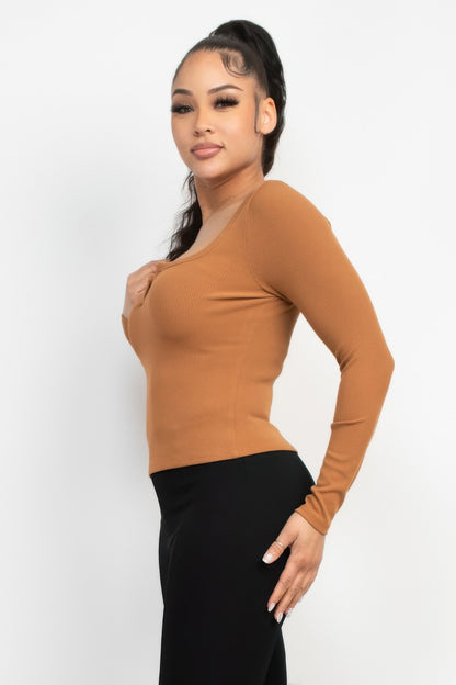 Light Brown V-Neck Long Sleeve Top – Stylish & Comfortable - Shopping Therapy, LLC 