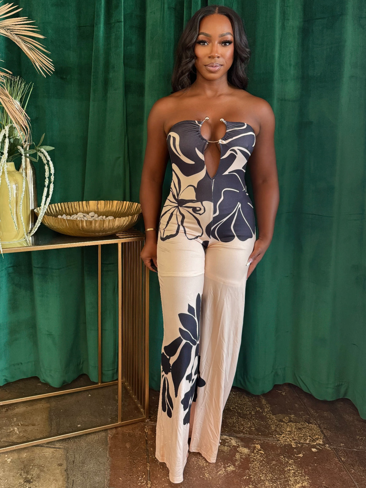 Women's Floral Halter Jumpsuit – Wide-Leg Open Back