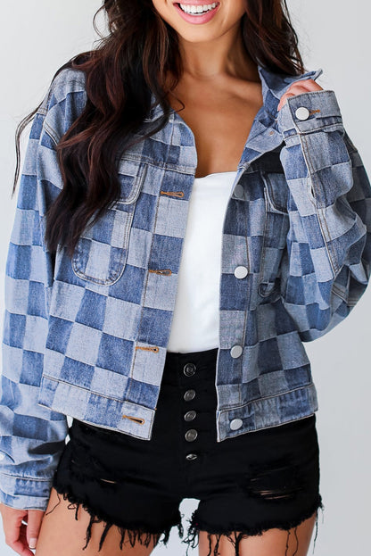 Light Blue Checkered Patchwork Button-Up Denim Jacket for Women - Shopping Therapy, LLC Outerwear/Denim jackets