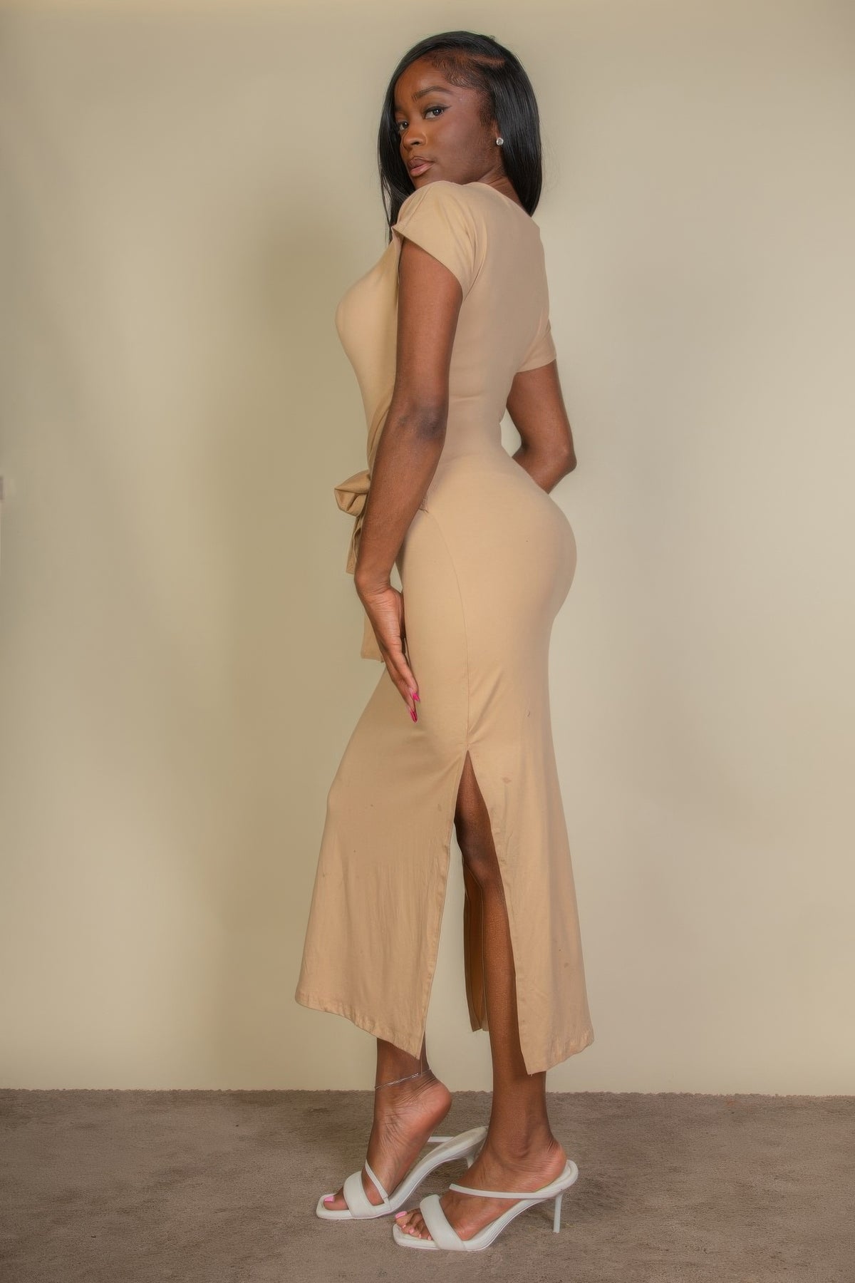 Women's Tie-Front Short Sleeve Maxi Dress with Side Slits - Shopping Therapy, LLC Maxi Dresses