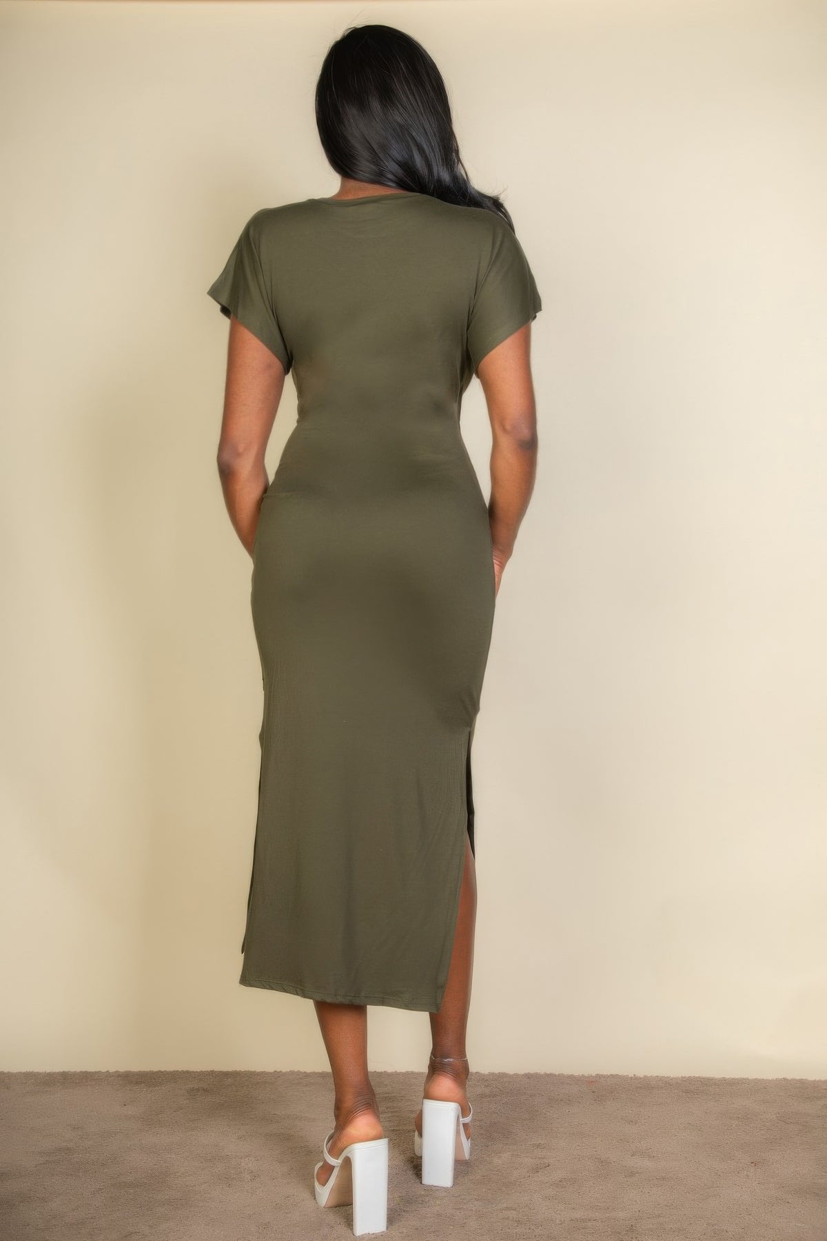 Women's Tie-Front Short Sleeve Maxi Dress with Side Slits