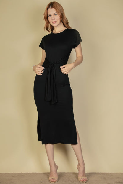 Women's Tie-Front Short Sleeve Maxi Dress with Side Slits - Shopping Therapy, LLC Maxi Dresses