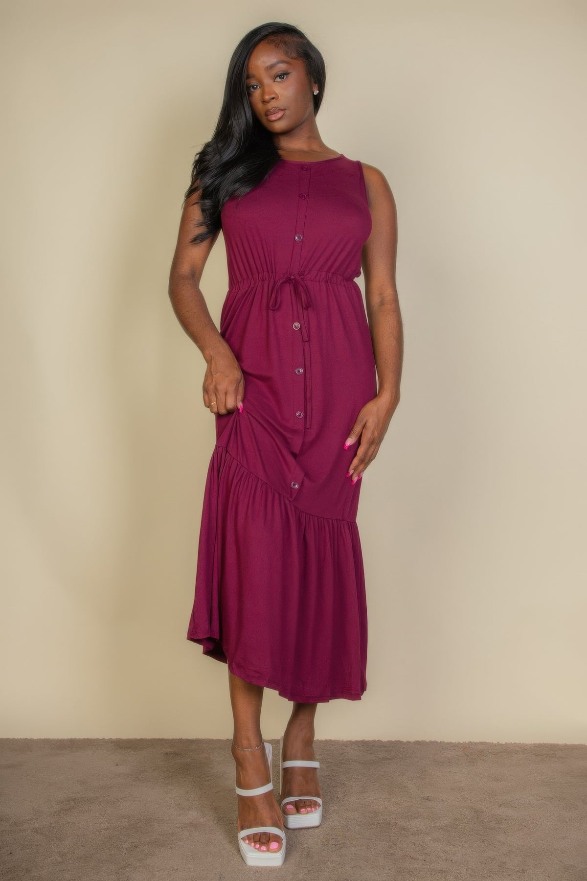 Women's Button-Front Tie-Waist Sleeveless Maxi Dress