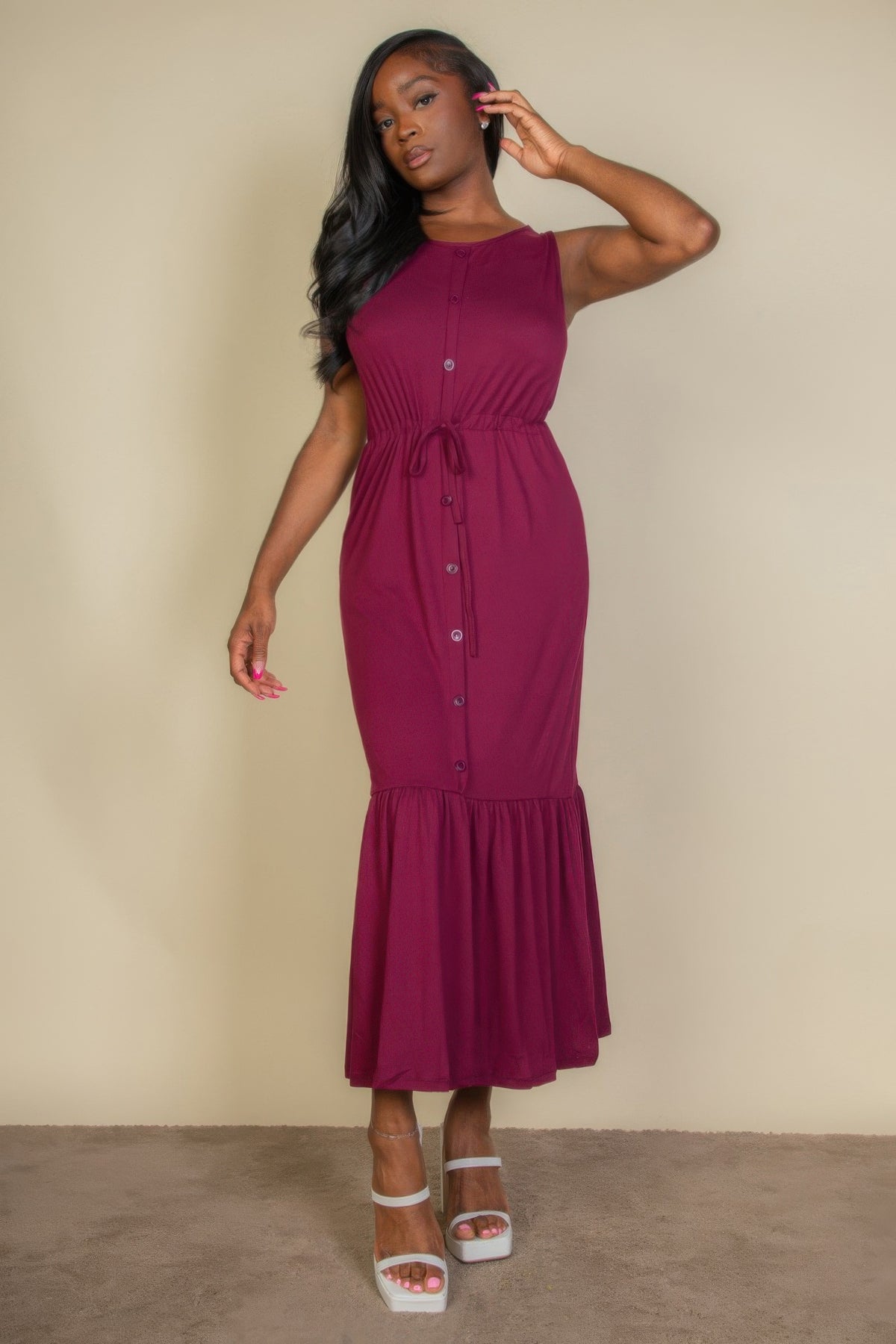 Women's Button-Front Tie-Waist Sleeveless Maxi Dress