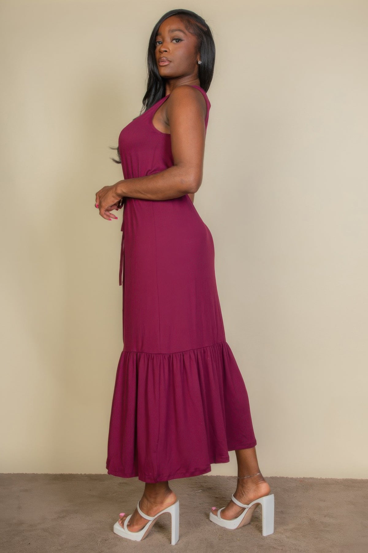 Women's Button-Front Tie-Waist Sleeveless Maxi Dress
