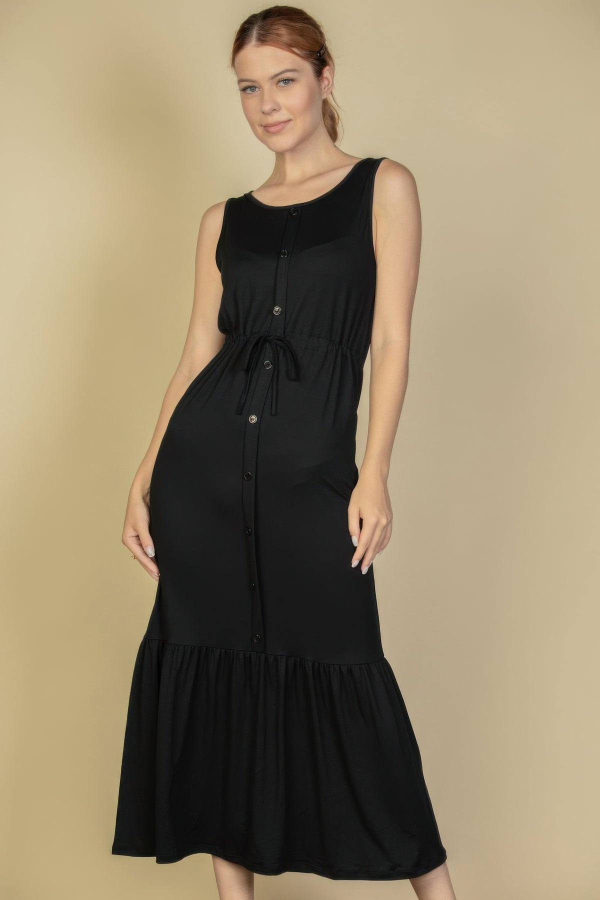 Women's Button-Front Tie-Waist Sleeveless Maxi Dress
