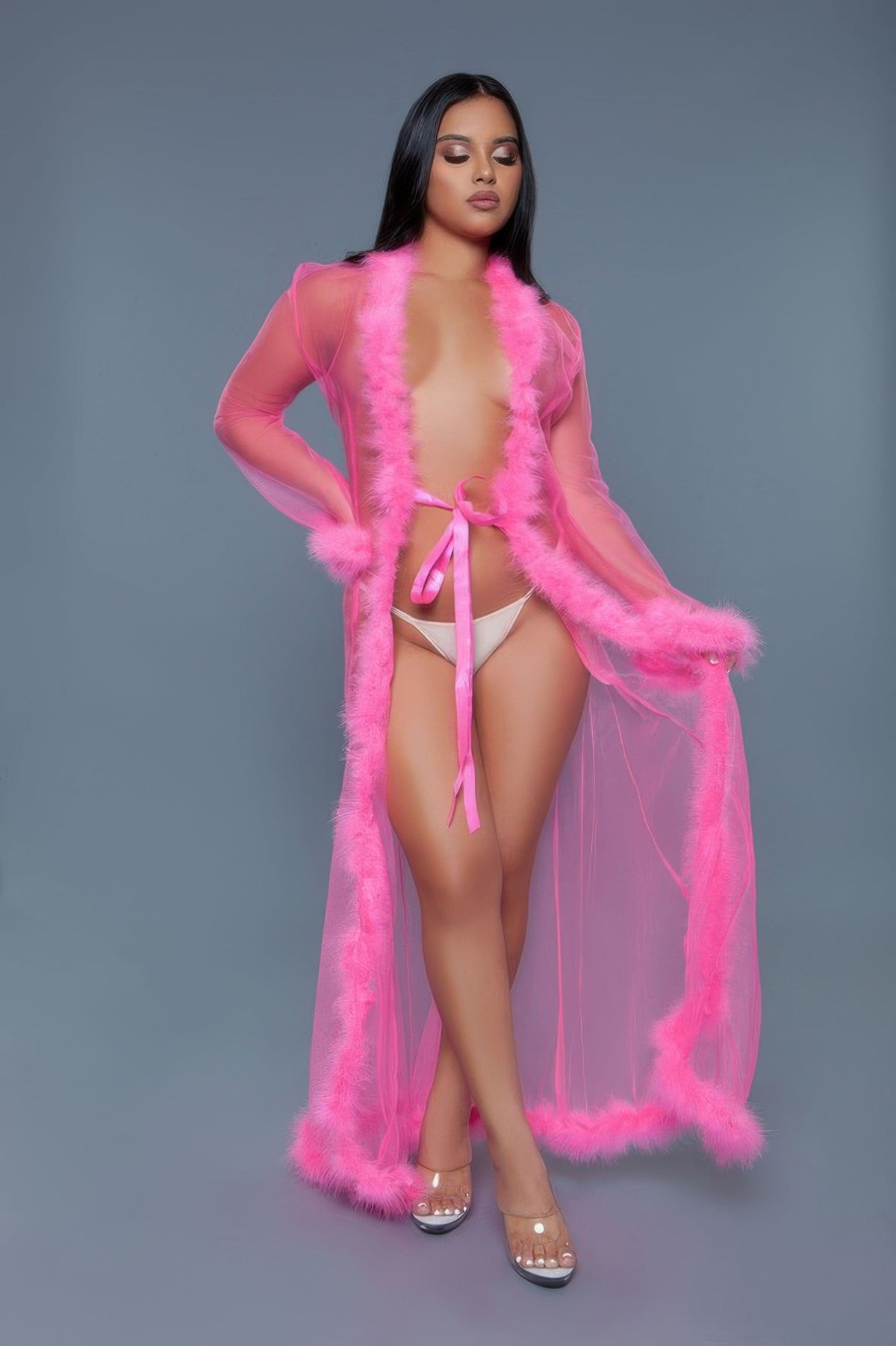 Faux Fir Trim Marabou Robe - Shopping Therapy, LLC 