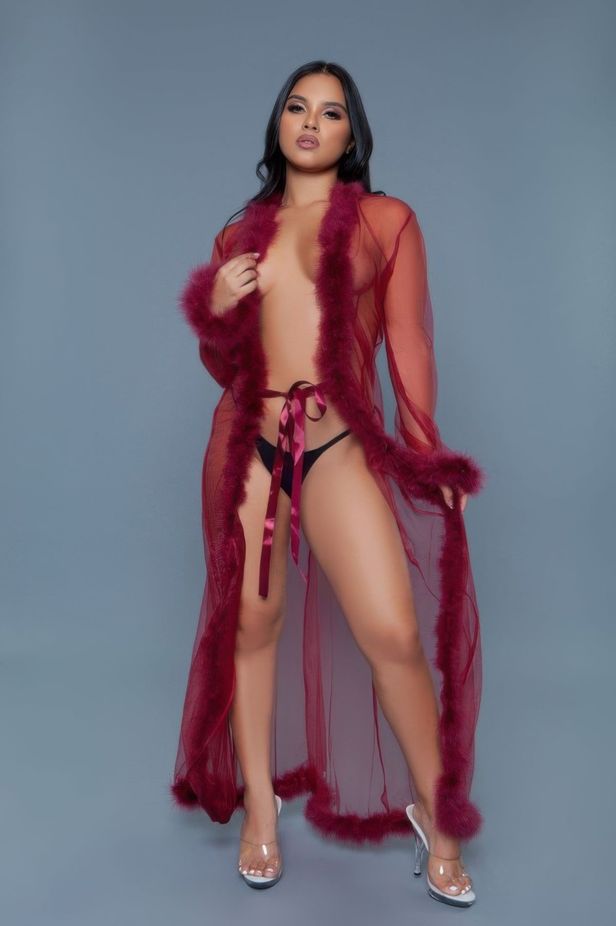 Faux Fir Trim Marabou Robe - Shopping Therapy, LLC 