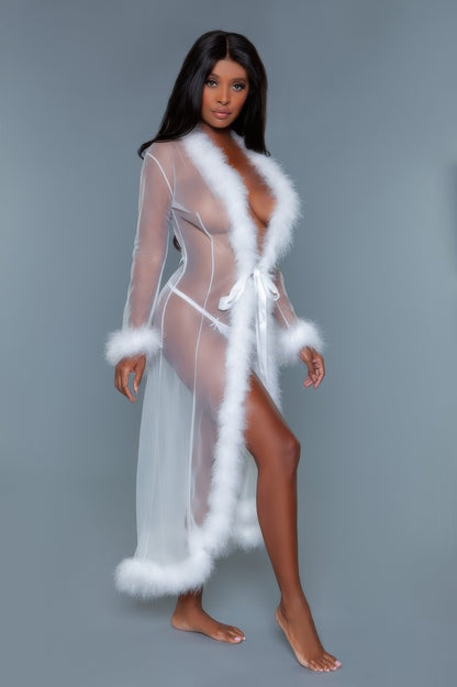 Faux Fir Trim Marabou Robe - Shopping Therapy, LLC 