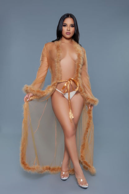 Faux Fir Trim Marabou Robe - Shopping Therapy, LLC 