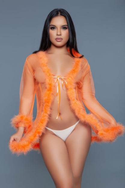 Faux Fur Trim Mesh Robe - Shopping Therapy, LLC 