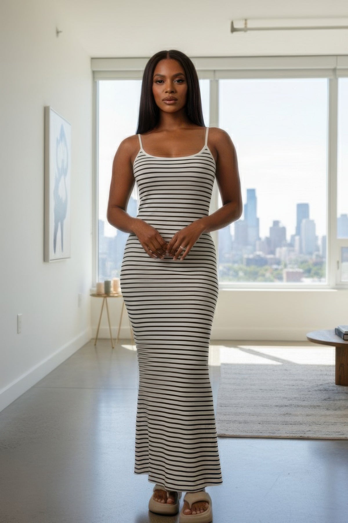 Women's Rib-Knit Striped Bodycon Maxi Slip Dress