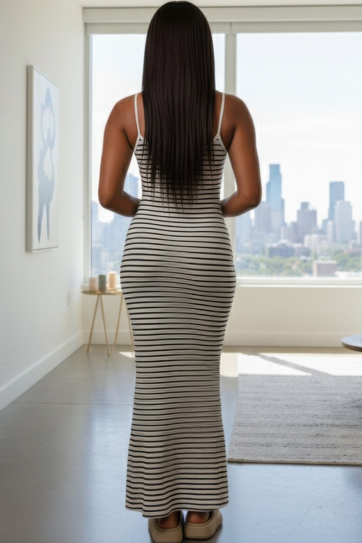Women's Rib-Knit Striped Bodycon Maxi Slip Dress