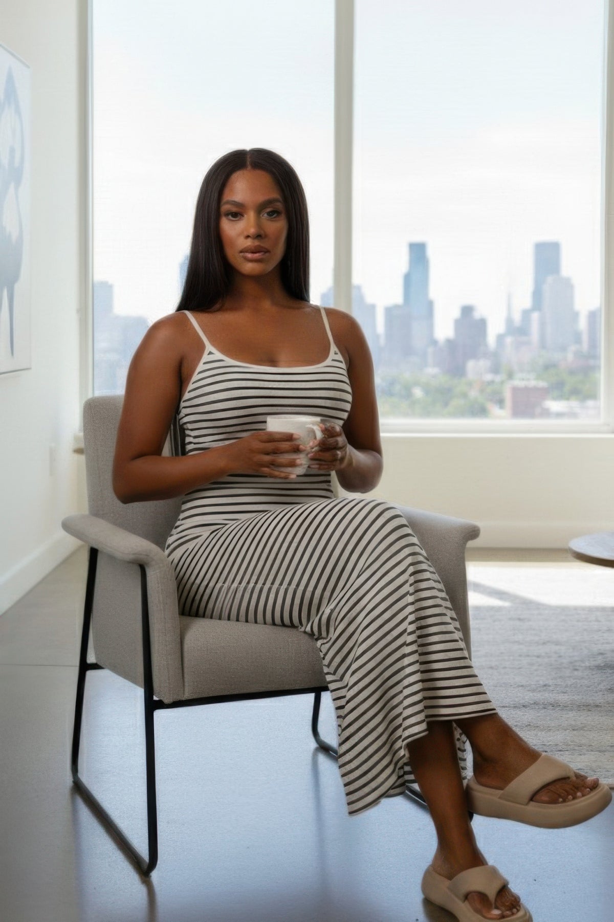 Women's Rib-Knit Striped Bodycon Maxi Slip Dress