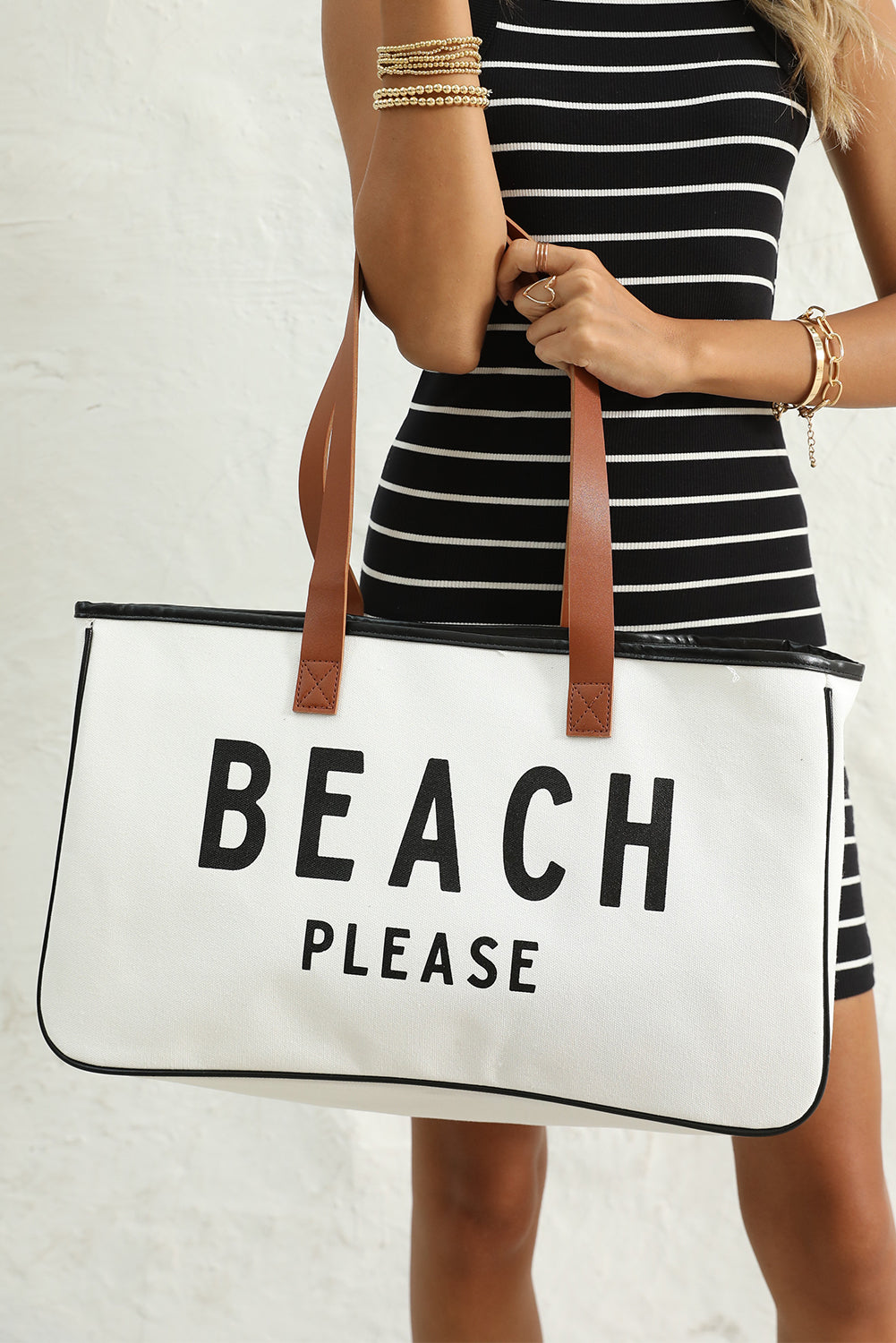 White BEACH PLEASE Print Large Canvas Tote Bag - Shopping Therapy, LLC Shoes & Bags/Handbags
