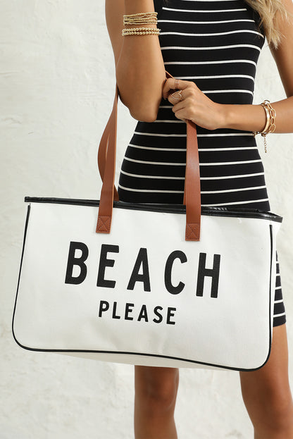 White BEACH PLEASE Print Large Canvas Tote Bag - Shopping Therapy, LLC Shoes & Bags/Handbags