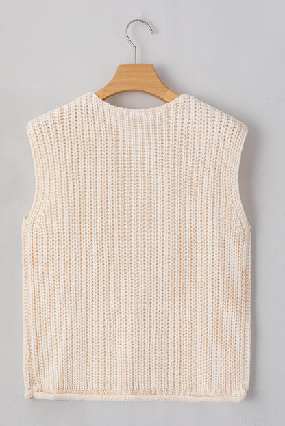 White Solid Textured Knit Sweater Vest With Side Pockets - Shopping Therapy, LLC Sweaters & Cardigans/Sweater Vests