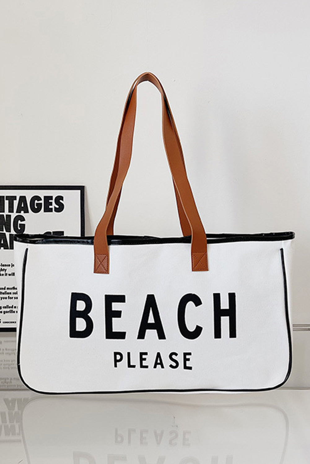 White BEACH PLEASE Print Large Canvas Tote Bag - Shopping Therapy, LLC Shoes & Bags/Handbags