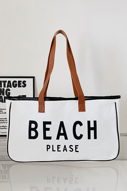 White BEACH PLEASE Print Large Canvas Tote Bag - Shopping Therapy, LLC Shoes & Bags/Handbags