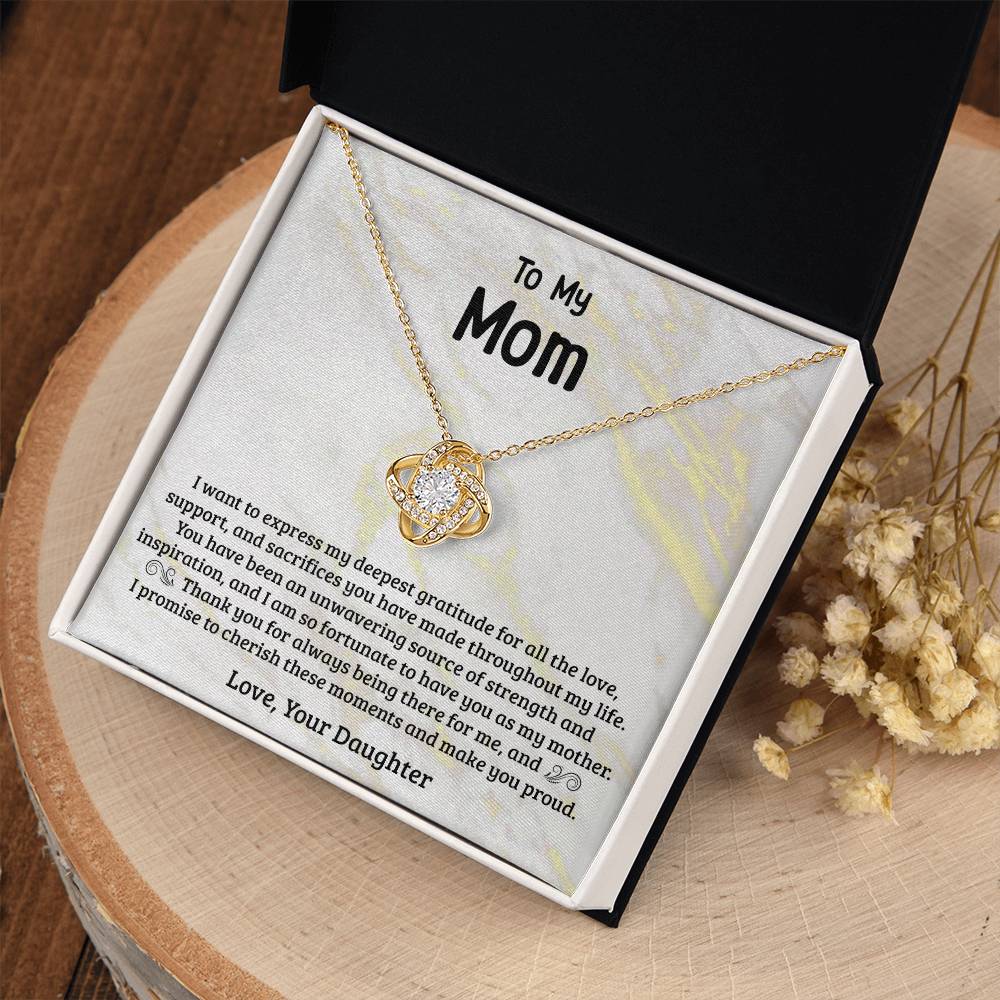 Mom Necklace Gift from Daughter – CZ Love Knot Pendant, 14k Gold Finish