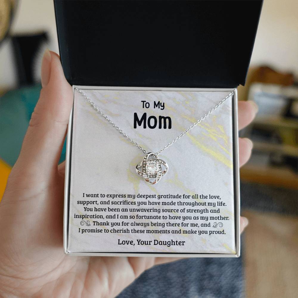 Mom Necklace Gift from Daughter – CZ Love Knot Pendant, 14k Gold Finish