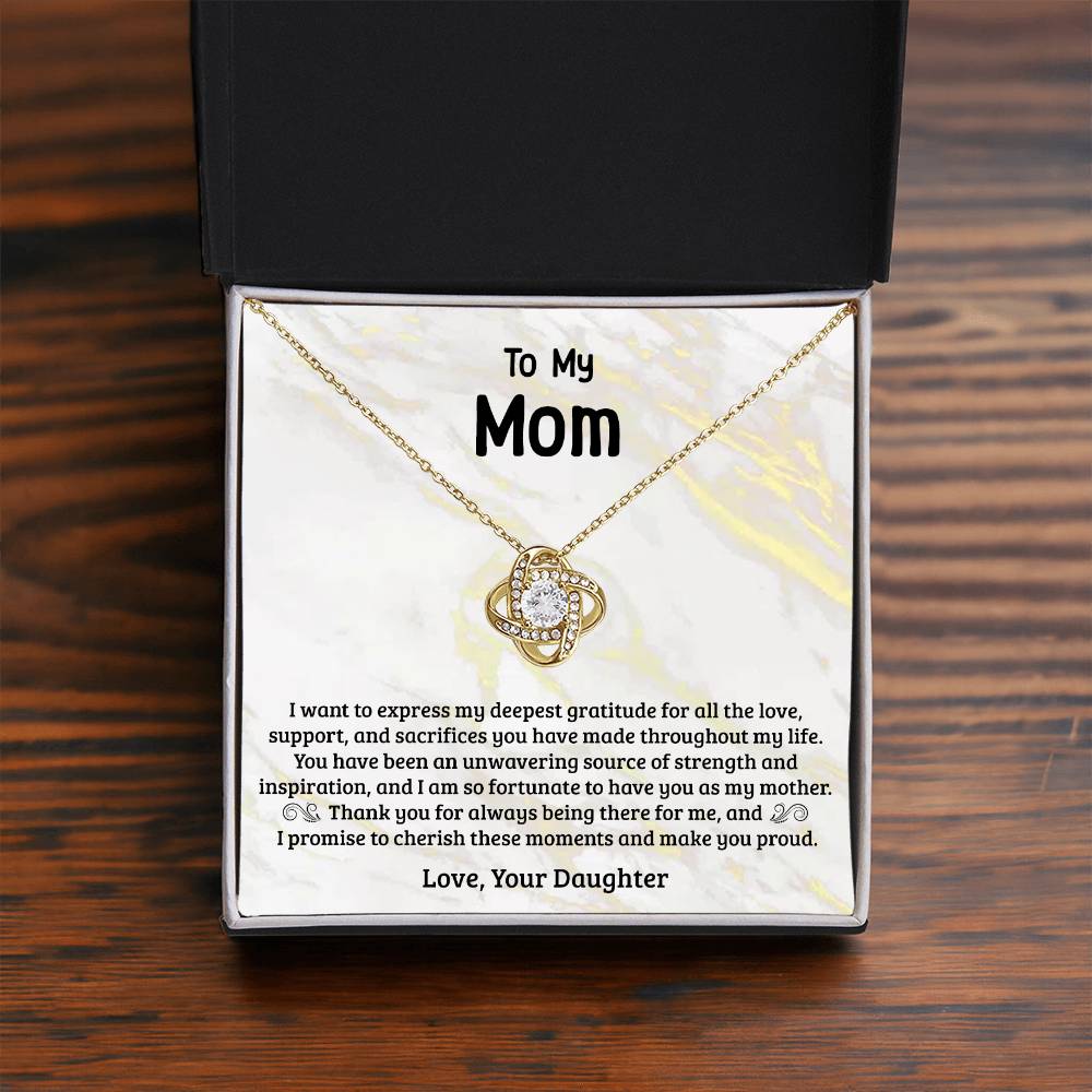 Mom Necklace Gift from Daughter – CZ Love Knot Pendant, 14k Gold Finish