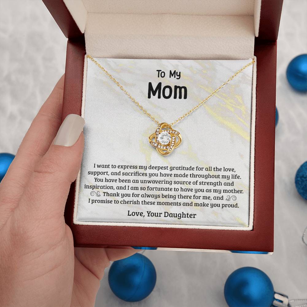 Mom Necklace Gift from Daughter – CZ Love Knot Pendant, 14k Gold Finish