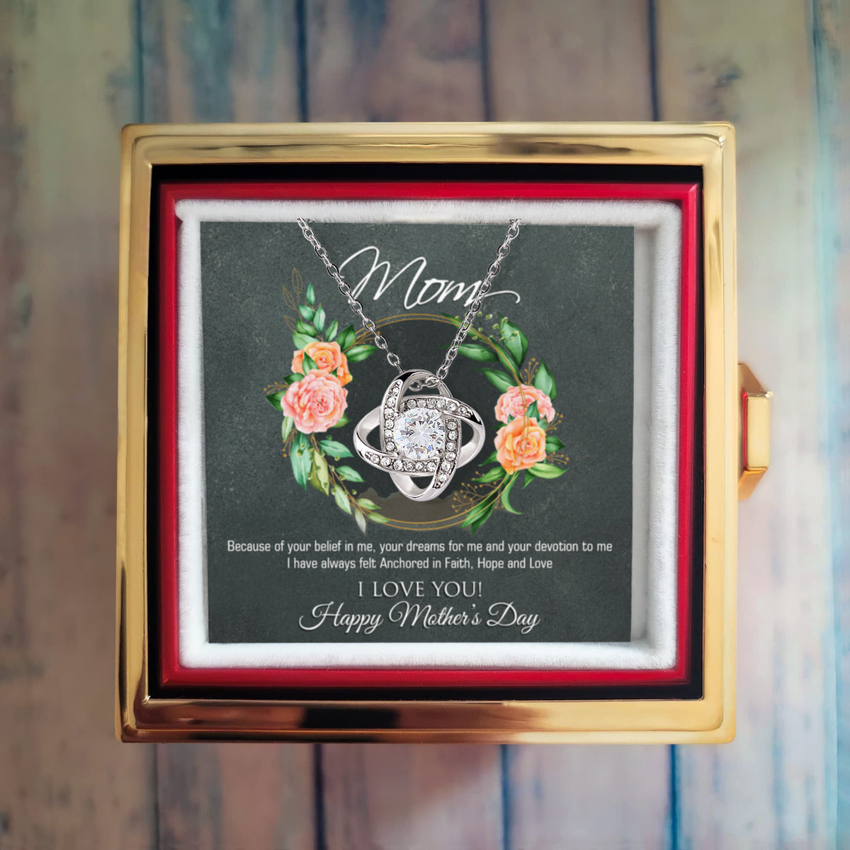 Love Knot Necklace Mother's Day Gift with Preserved Rose in Rotating Box – 14K White Gold Finish & Cubic Zirconia