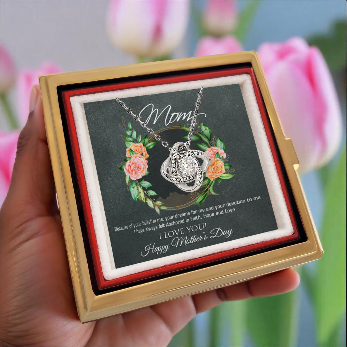Love Knot Necklace Mother's Day Gift with Preserved Rose in Rotating Box – 14K White Gold Finish & Cubic Zirconia - Shopping Therapy, LLC Jewelry