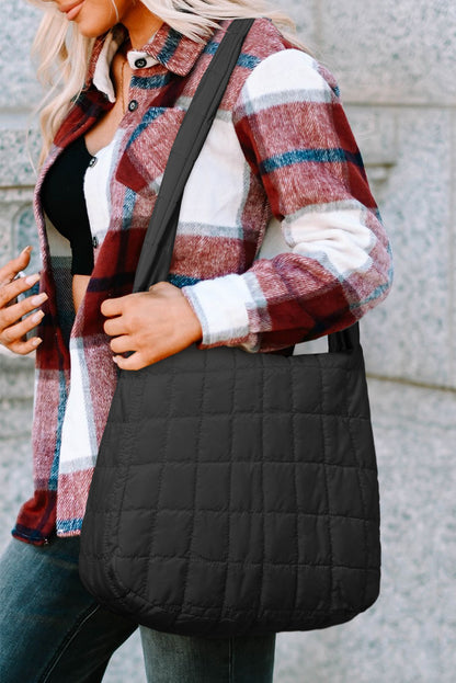 Large Black Quilted Zipper Shoulder Bag – Elegant and Spacious - Shopping Therapy, LLC Shoulder Bags