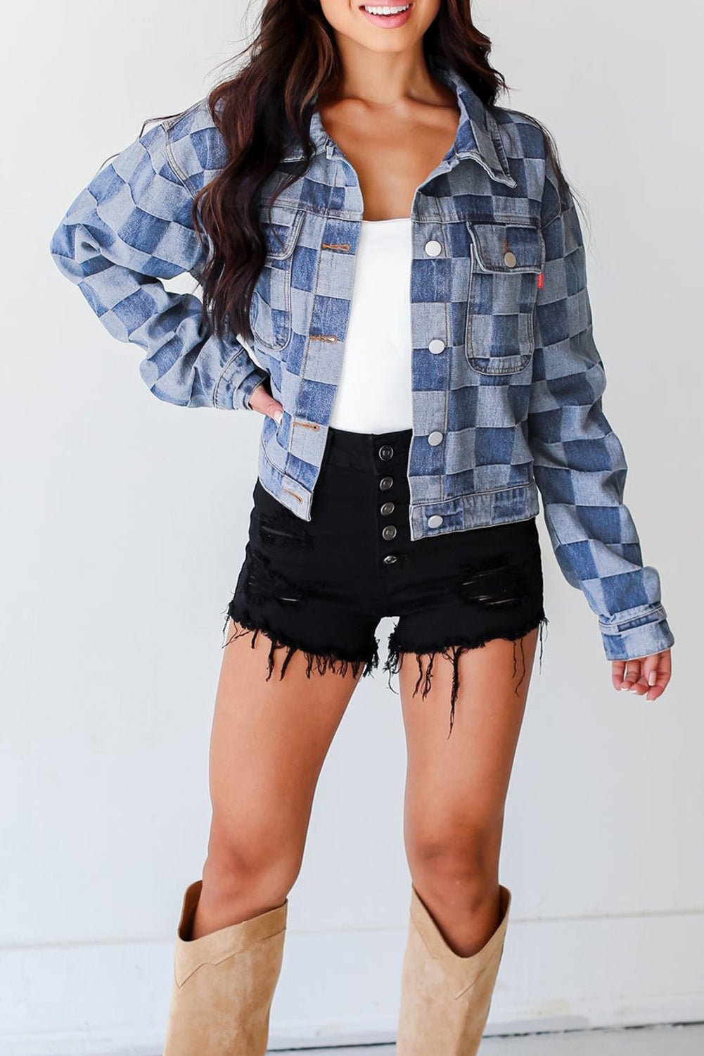 Light Blue Checkered Patchwork Button-Up Denim Jacket for Women - Shopping Therapy, LLC Outerwear/Denim jackets