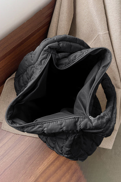 Large Black Quilted Zipper Shoulder Bag – Elegant and Spacious - Shopping Therapy, LLC Shoulder Bags