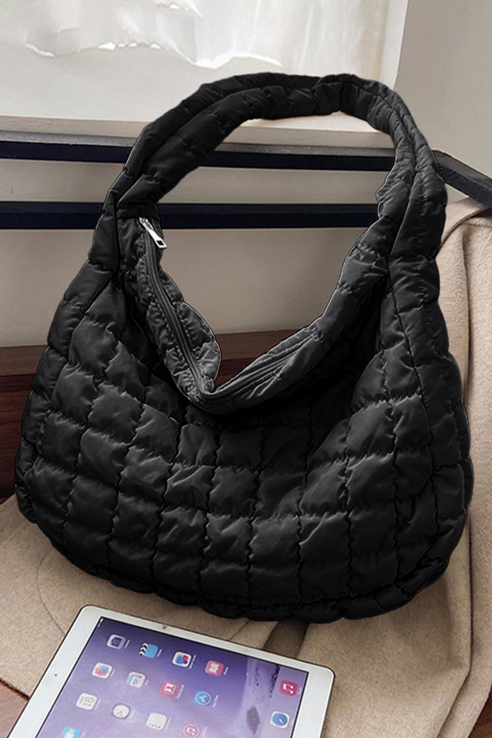 Large Black Quilted Zipper Shoulder Bag – Elegant and Spacious - Shopping Therapy, LLC Shoulder Bags
