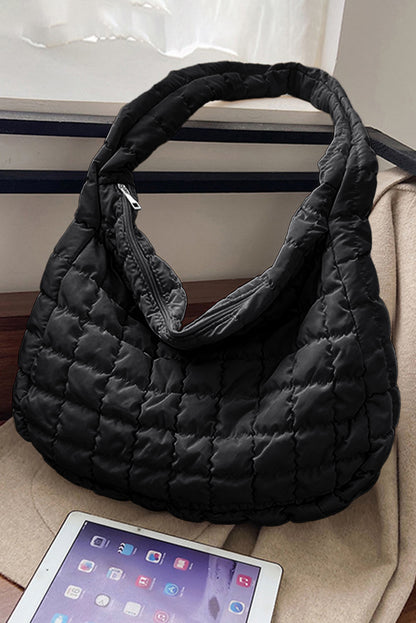Large Black Quilted Zipper Shoulder Bag – Elegant and Spacious - Shopping Therapy, LLC Shoulder Bags