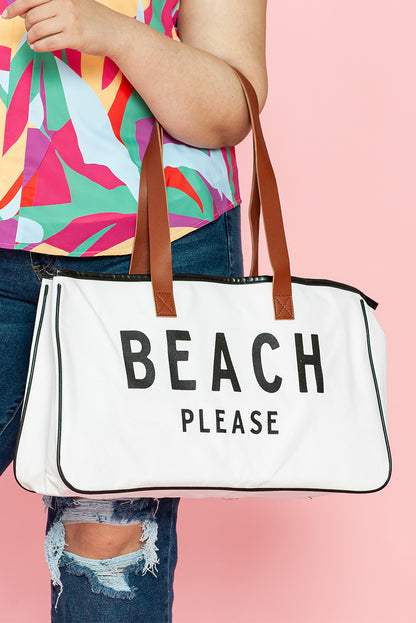 White BEACH PLEASE Print Large Canvas Tote Bag - Shopping Therapy, LLC Shoes & Bags/Handbags