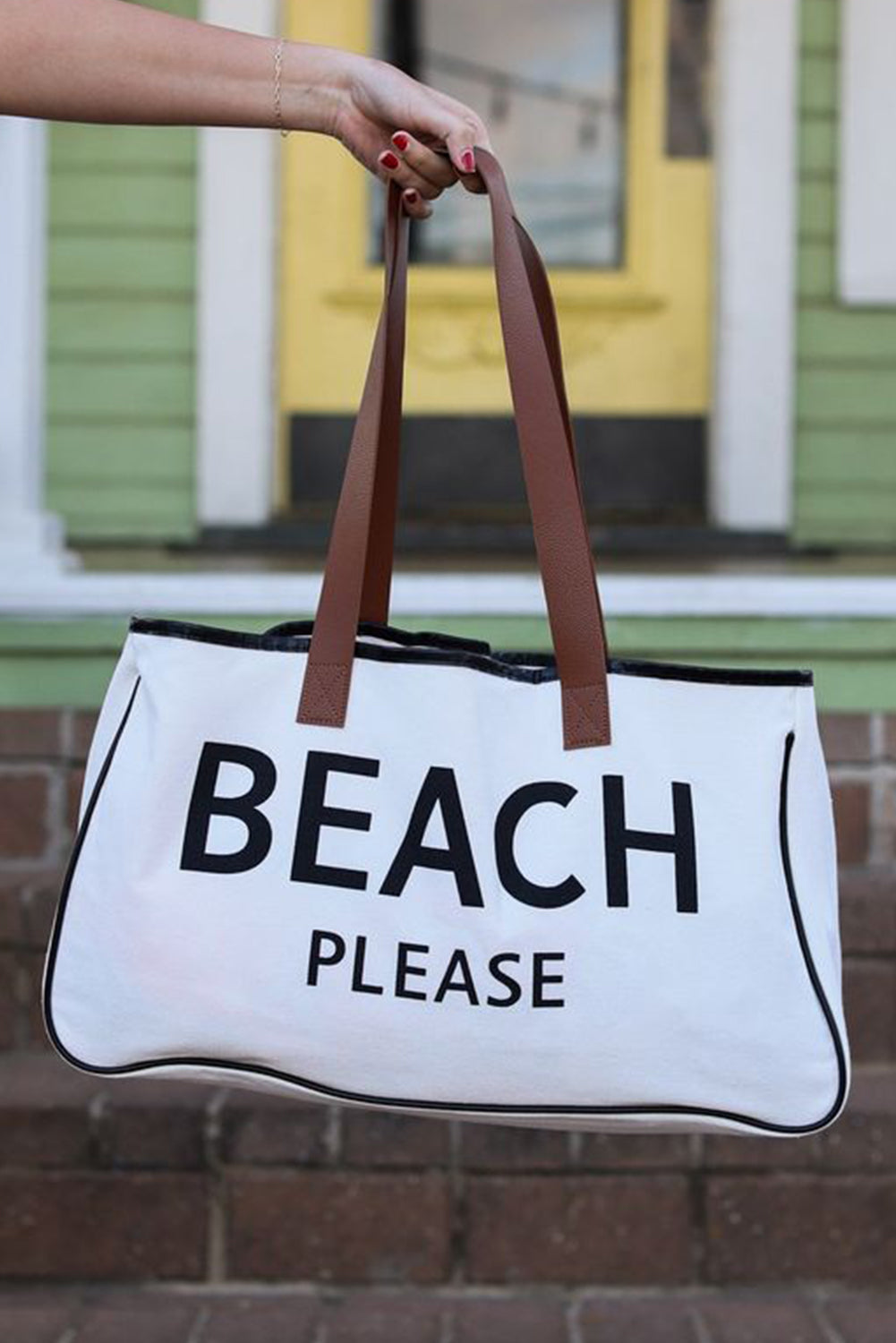 White BEACH PLEASE Print Large Canvas Tote Bag - Shopping Therapy, LLC Shoes & Bags/Handbags