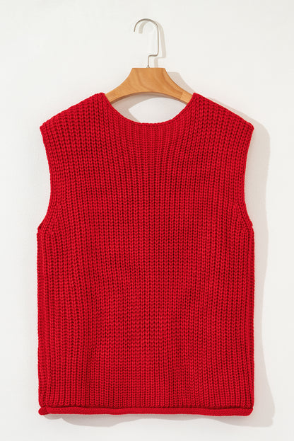 Fiery Red Textured Knit Sweater Vest with Side Pockets & Button Front - Shopping Therapy, LLC Sweaters & Cardigans/Sweater Vests