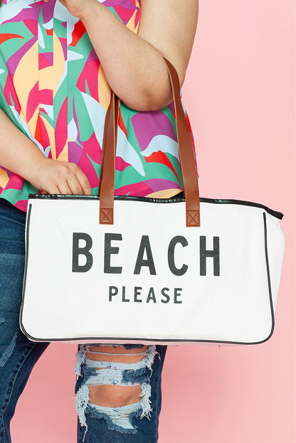 White BEACH PLEASE Print Large Canvas Tote Bag - Shopping Therapy, LLC Shoes & Bags/Handbags