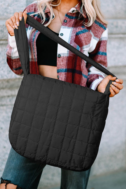 Large Black Quilted Zipper Shoulder Bag – Elegant and Spacious - Shopping Therapy, LLC Shoulder Bags