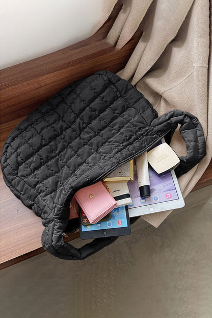 Large Black Quilted Zipper Shoulder Bag – Elegant and Spacious - Shopping Therapy, LLC Shoulder Bags