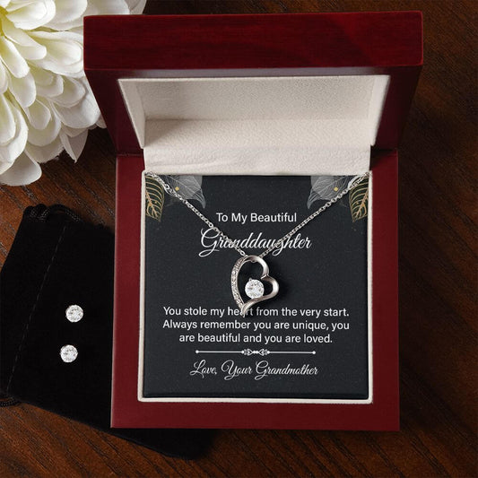 Granddaughter CZ heart necklace and earring gift set in luxury red box with sentimental message card from grandmother