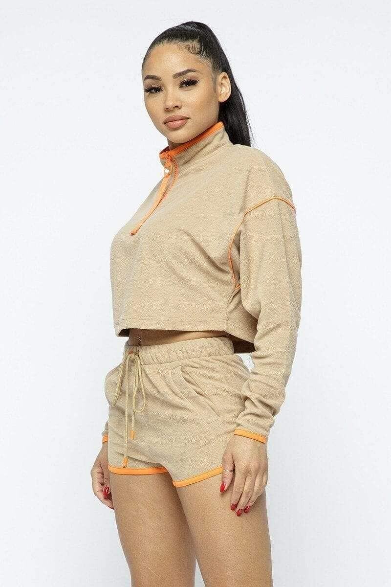 Beige Long Sleeve Crop Top And Shorts Set