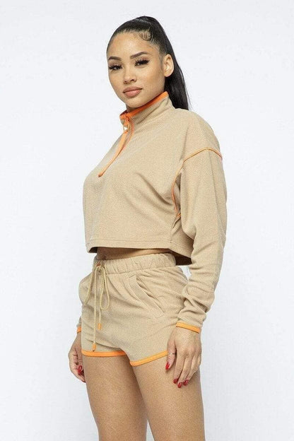 Beige Long Sleeve Crop Top And Shorts Set - Shopping Therapy, LLC Short Set