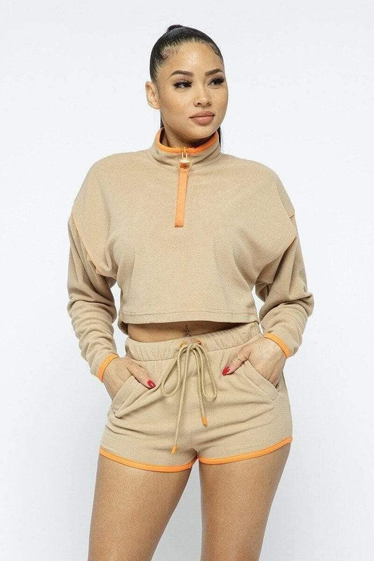 Beige Long Sleeve Crop Top And Shorts Set - Shopping Therapy, LLC Short Set