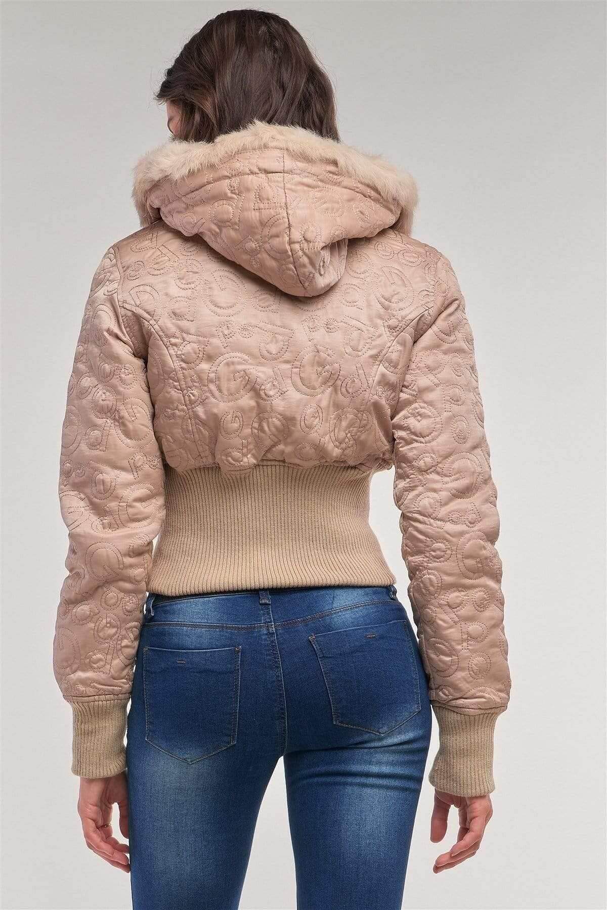 Beige Long Sleeve Faux Fur Winter Bomber Jacket