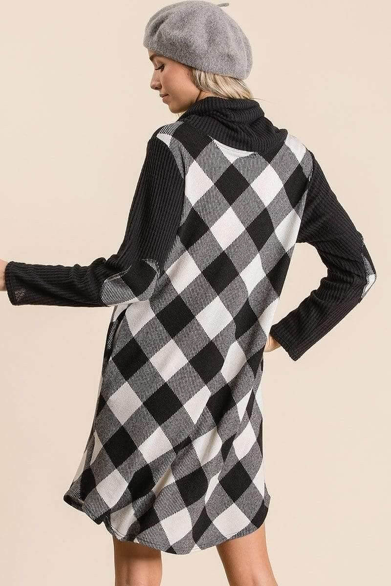 Black Long Sleeve Buffalo Plaid Swing Dress