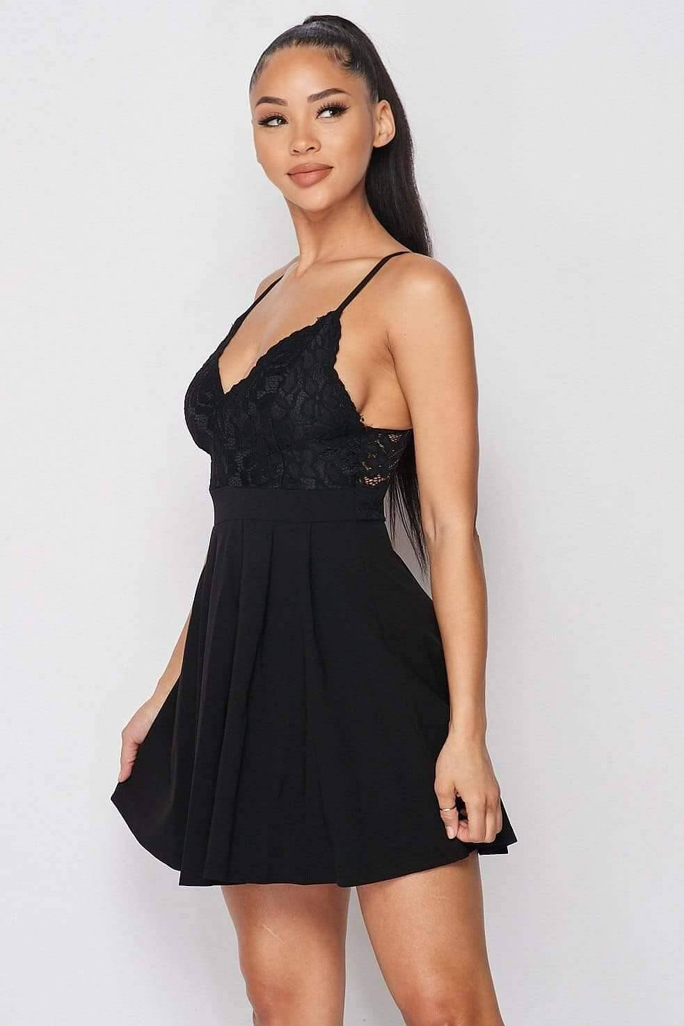 Black Spaghetti Strap Flared Hem Lace Swing Dress